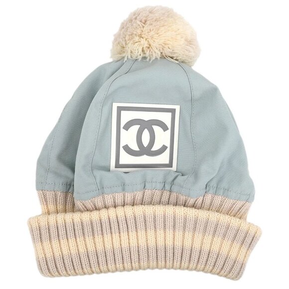 Chanel Light Blue Knit Cap Hat Sport Line #M Small Good - Picture 1 of 7